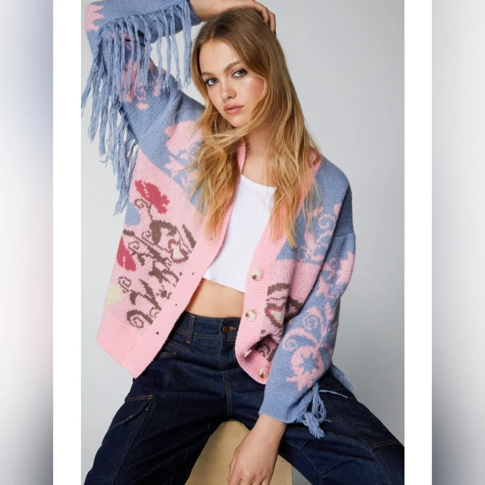 Nasty Gal Floral Fringe Knit Cardigan Pink Oversized Drop Sleeve  NWT PTP 24" - Picture 11 of 12